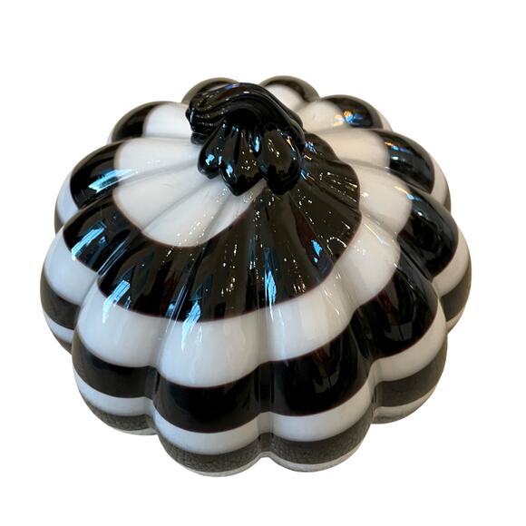 Christian Siriano Hand Blown Art Glass Pumpkin White Black Stripe Swirl 9x8 NEW - Picture 9 of 15